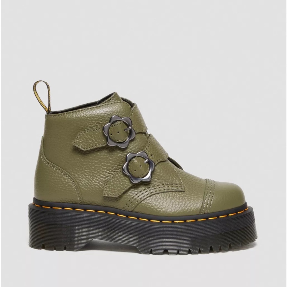 Dr. Martens Devon Flower Boots Leather Ankle Booties Platform Buckles - Picture 7 of 12